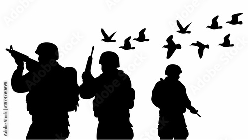 Soldiers in formation with guns marching forward black silhouettes against white background with flying birds