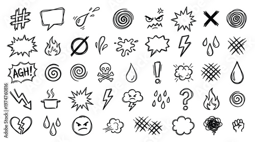 Collection of hand drawn doodle icons representing emotions anger frustration and stress with symbols for weather and danger on a white background