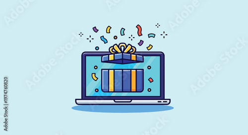 Surprise Gift Box Emerging from Laptop Screen.