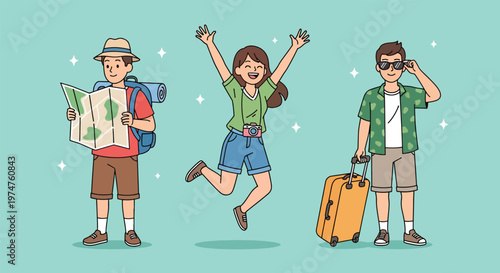 Three happy young people enjoying their travel adventure.