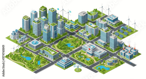 An isometric illustration visualizes a futuristic smart city design featuring green spaces, buildings with rooftop gardens, wind turbines, and solar panels, conveying sustainability