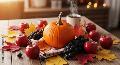 Autumn Pumpkin with Apples and Leaves
