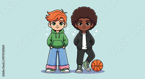 Two diverse boys standing together one with a basketball in a friendly cartoon style.