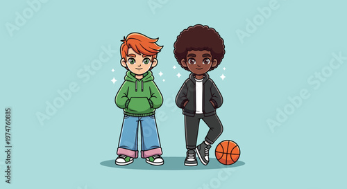 Two Diverse Boys Standing Together with Basketball Vector Illustration.