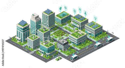 An isometric illustration showcases a futuristic smart city design with green spaces and modern architecture, rendered as a vector with a clean aesthetic in a bright and optimistic tone