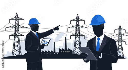 Two workers in hard hats inspecting electrical panel