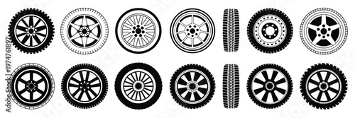 Black rubber wheels and tires vector illustration, showing car and motorcycle tires with tread patterns, dirty tracks, and racing wheels, suitable for automotive, road maintenance, and vehicle design
