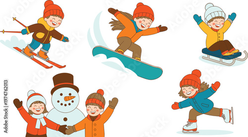 Happy children character set enjoying winter outdoor activities including skiing snowboarding sledding building a snowman and ice skating vector