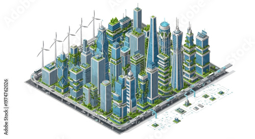 Isometric illustration of a futuristic smart city concept with green spaces, showcasing an environmentally conscious urban design featuring wind turbines and lush vegetation in a clean, 3D