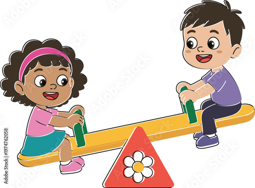 Vector illustration of a young girl and boy playing on a yellow seesaw with a flower motif at the playground.