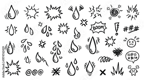 Hand drawn doodle icons representing emotions like anger frustration and sadness with rain drops and explosion symbols on white background
