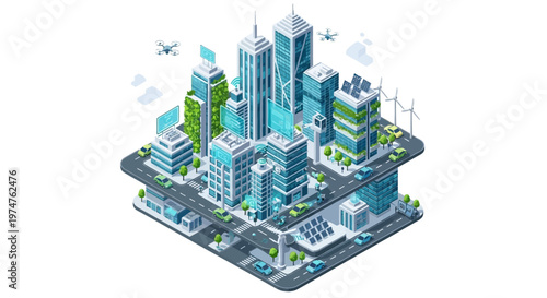 Isometric vector illustration showing a futuristic smart city design with green spaces, featuring modern buildings, solar panels, and wind turbines against a clean white background in a 3D