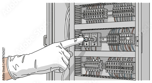 Illustration of hand in protective glove warning of high voltage electrical panel