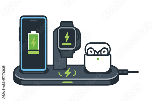 A sleek black three in one wireless charging station for mobile devices and wearable technology.