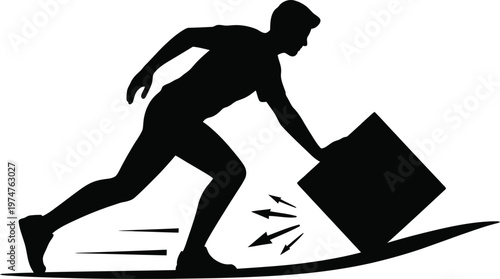 Person pushing a heavy box with effort and determination