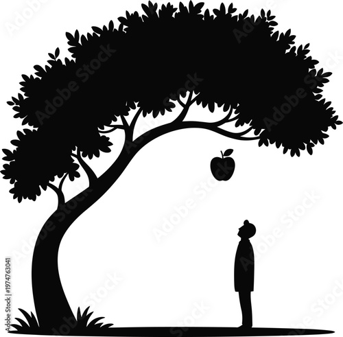 Silhouette of Newton-style apple tree with single apple falling toward ground and small human figure