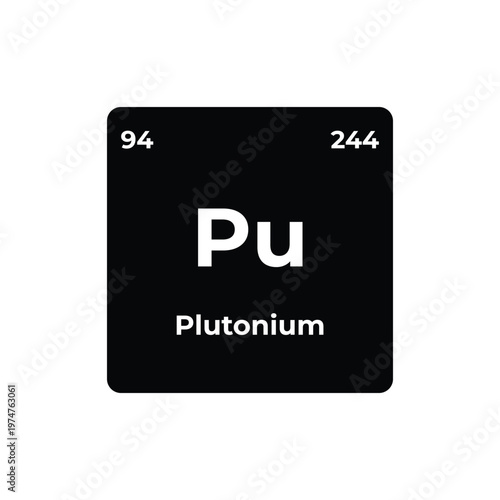 A vector illustration of a dark black, rounded periodic table tile for Plutonium, featuring its atomic number 94, symbol Pu, full name, and atomic mass 244 in white text.