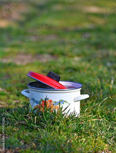 Vintage white enamel cooking pot with floral decoration placed on green grass outdoors.