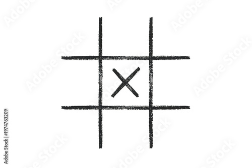 Hand drawing tic tac toe game grid with an x mark on central square, strategic thinking challenge concept