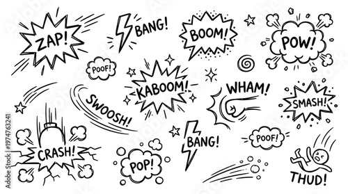 Hand drawn comic book sound effects and action words like zap boom pow crash and wham with stars and explosions on a white background
