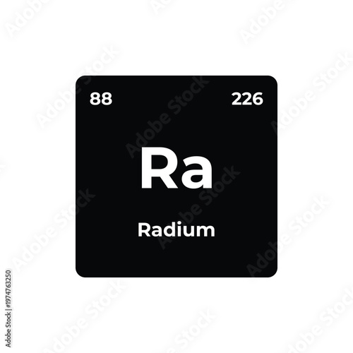 Radium periodic table tile with atomic number and symbol, minimal black design representing chemical element, science, chemistry, and atomic structure.