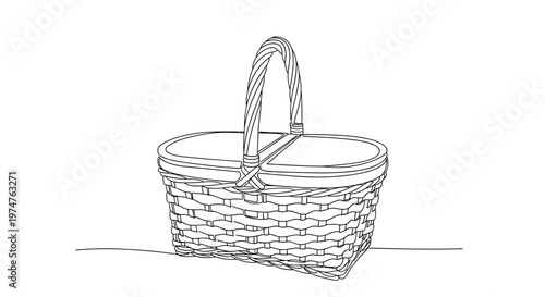 Stylized linear representation of picnic wicker hamper, black outlines on transparent background, symbolizing outdoor recreation and weekend leisure