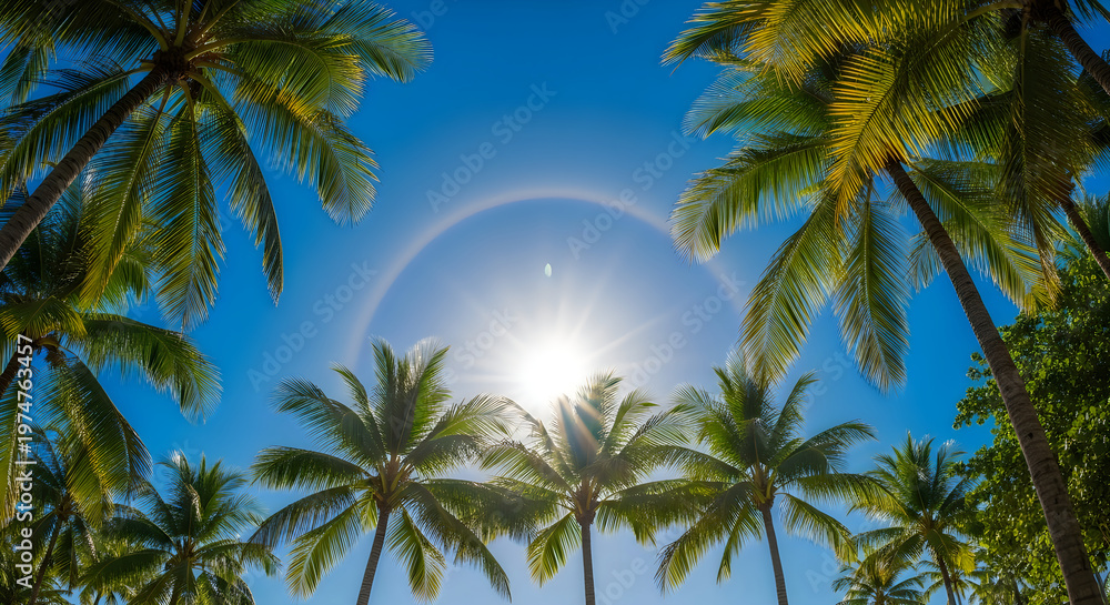 Obraz premium Tropical Palm Trees under Bright Sun and Blue Sky
