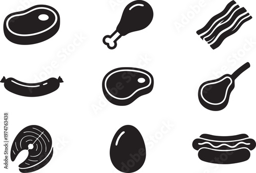 Essential food icons featuring a variety of meat cuts, poultry, seafood, and diverse protein sources