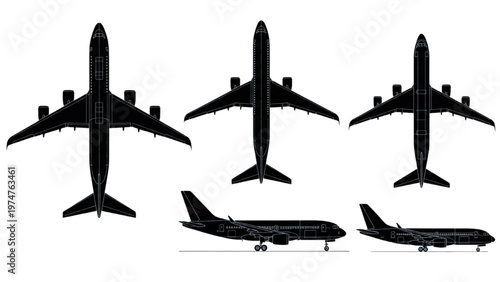Vector CAD design of airplane silhouettes in various views for engineering