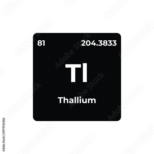 Schilderij op canvas Thallium element tile, periodic table symbol Tl, atomic number 81, post transition metal, chemical element square on black background, minimalist science design