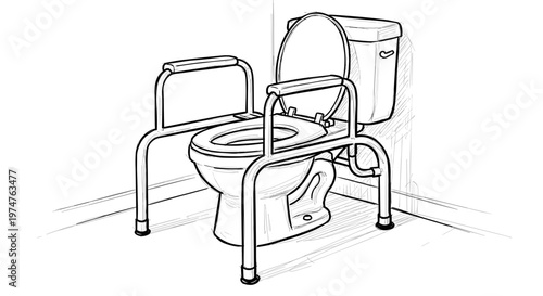 A detailed black and white line drawing illustrates a toilet equipped with a sturdy metal safety rail frame featuring padded armrests. This functional sketch showcases essential bathroom mobility aid.
