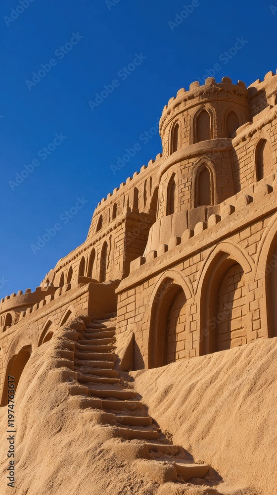 Naklejka premium A detailed sandcastle with multiple towers and staircases set against a clear blue sky