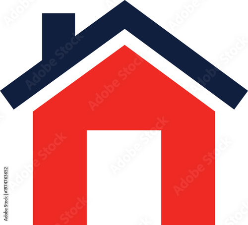 Fotografi Simple red house with blue roof and white trim
