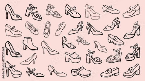 Collection of diverse footwear styles for women including heels boots sandals and flats hand drawn sketch on pink background