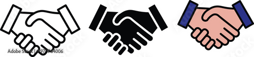 Three handshake in white, black, and colored styles agreement