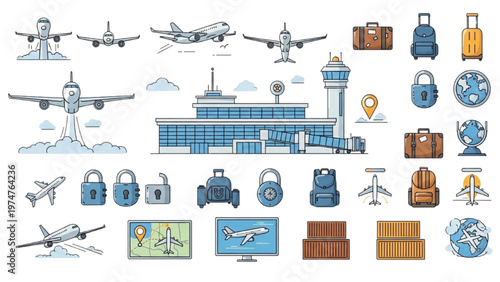 Airport vector CAD design features planes and travel accessories
