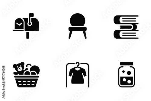 Vector icons depicting garage sale and flea market items, including household goods, furniture, and toys, minimal flat design