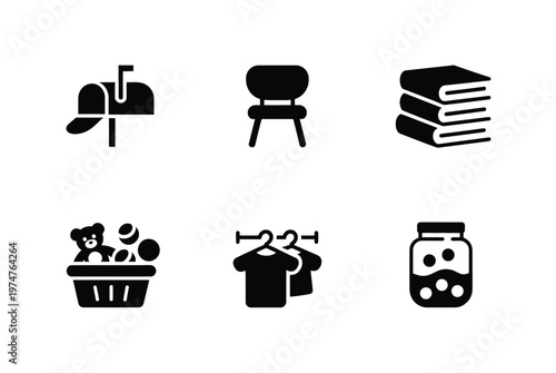 Vector icons depicting garage sale and flea market items, including household goods, furniture, and toys, minimal flat design