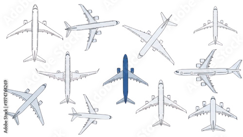 Vector CAD design of multiple airplanes in various orientations and one colored plane