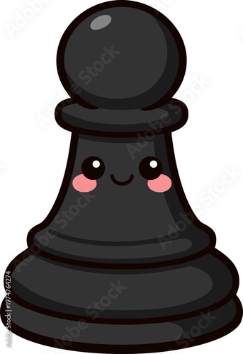 Cute kawaii black chess pawn illustration with smiling face isolated on white background. Strategy, game and playful character concept. Flat vector style perfect for kids design, stickers, apps