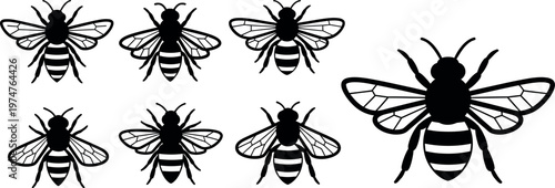 Multiple black bee silhouettes are arranged on a white background with one large bee.