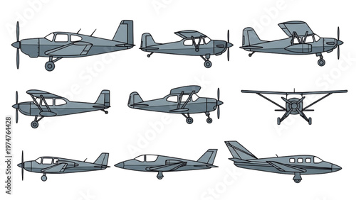 Various angles of vector CAD designed small airplanes on white background