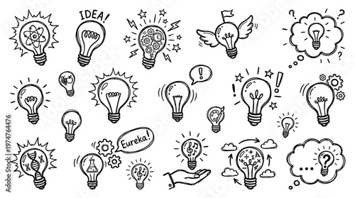 Collection of hand-drawn light bulb illustrations representing ideas innovation creativity and inspiration with various symbols and text