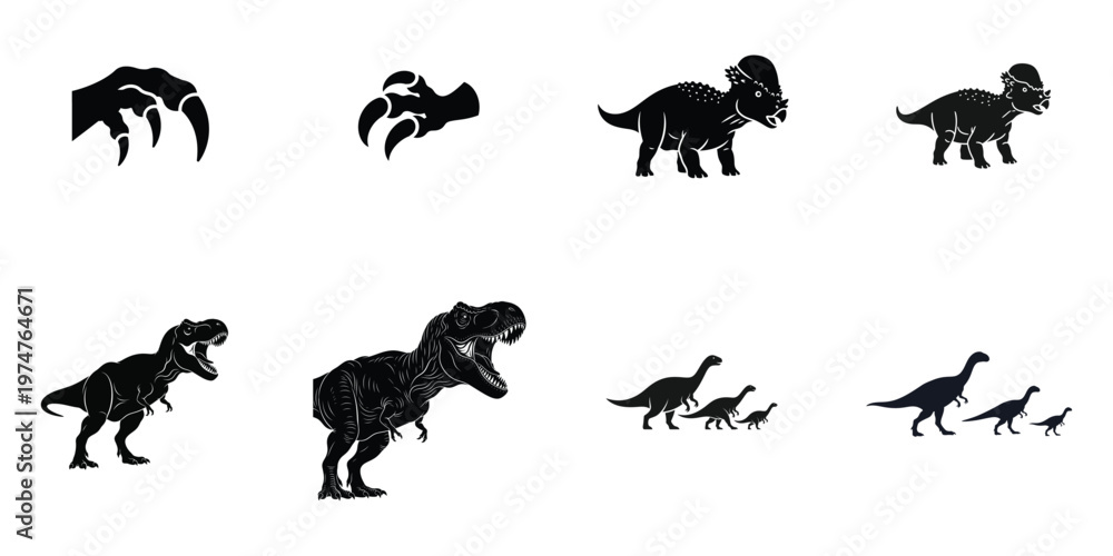 Obraz premium Set of Dinosaur Silhouettes and Claws Vector Illustration, Jurassic Creature Graphics