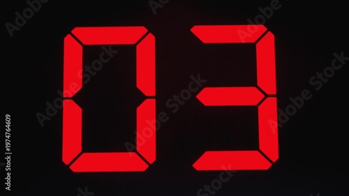 Eelectronic number display on screen. Digital red numbers on screen. The numbers go from 7 to 1․ 