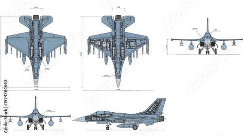 Detailed vector CAD design of a modern fighter jet aircraft in various views