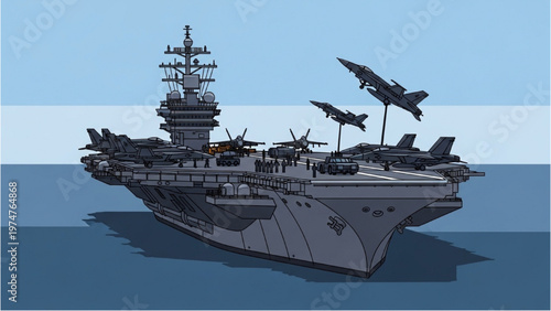 Vector CAD design of aircraft carrier with jets taking off