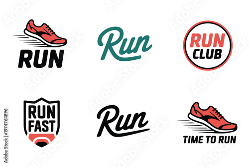 Running shoe logos with dynamic and motivational slogans in vibrant colors, vector illustrations representing fitness, sports, active lifestyle