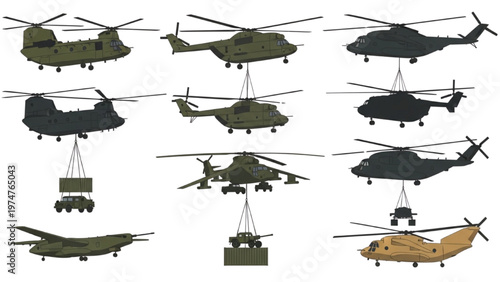 Military helicopters in vector CAD design lifting vehicles