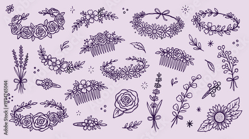Hand drawn floral elements for wedding and beauty design including wreaths combs and bouquets in purple ink on a light purple background